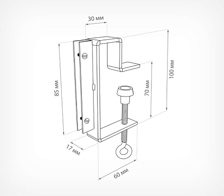 Струбцина с вертикальным П-держателем вывесок и отгибом CLAMP HOLDER-L90, схема, габариты